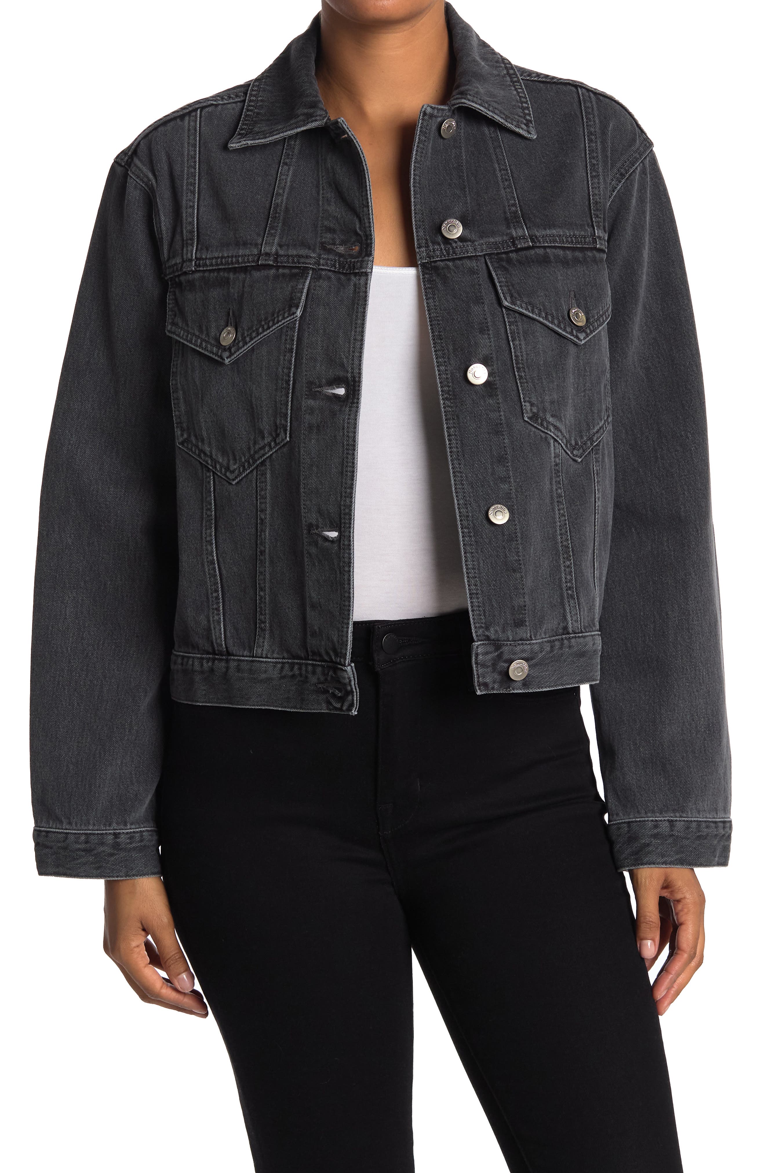 black cropped distressed denim jacket