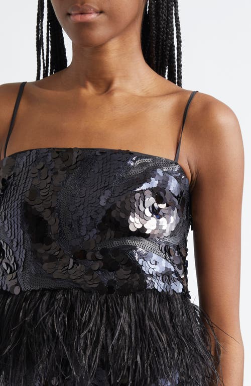 Shop Ramy Brook Stanley Sequin Feather Trim Camisole In Black Sequin Swirl