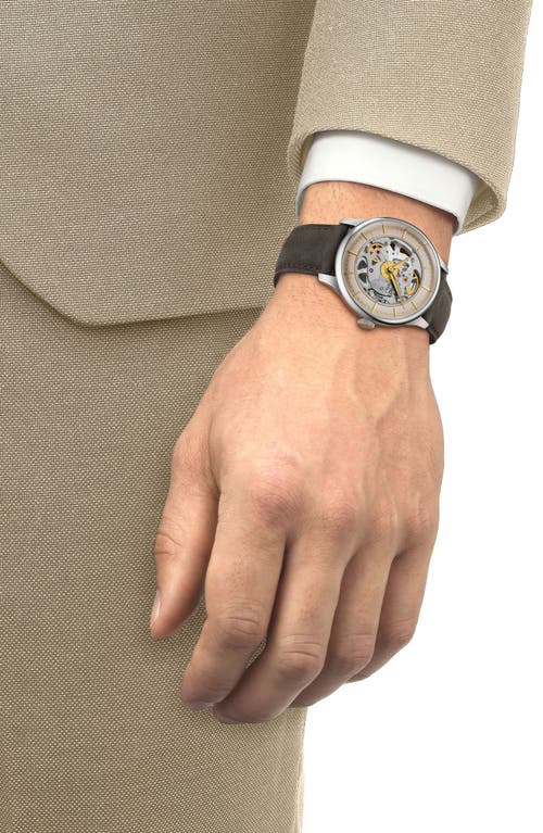 Tissot Men's Swiss Automatic Chemin Des Tourelles Skeleton Brown Leather Strap Watch 39mm In Grey/ivory