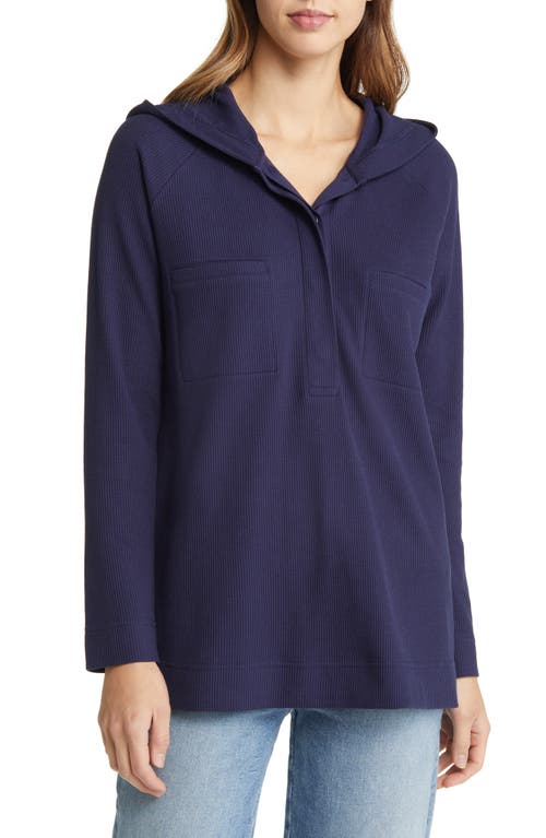 caslon(r) Half Placket Waffle Knit Organic Cotton Blend Hoodie in Navy Peacoat