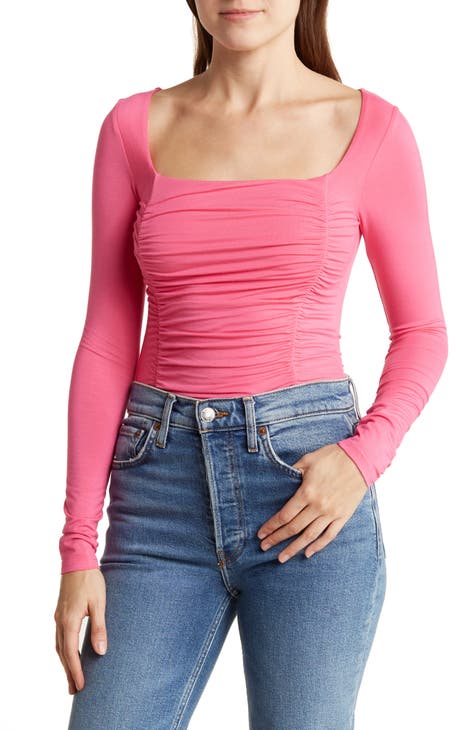 Square Neck Long Sleeve Ruched Crop Top
