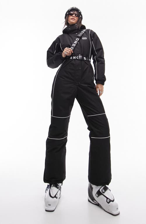 Hooded Belted Waterproof Ski Suit in Black