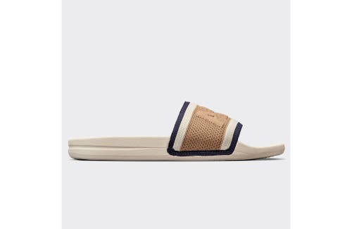 Shop Apl Athletic Propulsion Labs Big Logo Techloom Slide Sandals In Alabaster/tan/navy