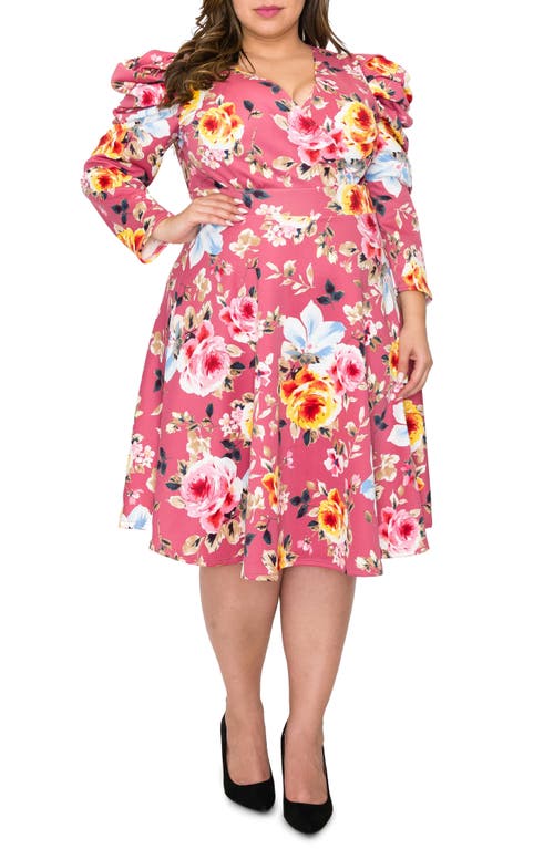L I V D Floral Long Sleeve Knit Dress In Mauve Pink