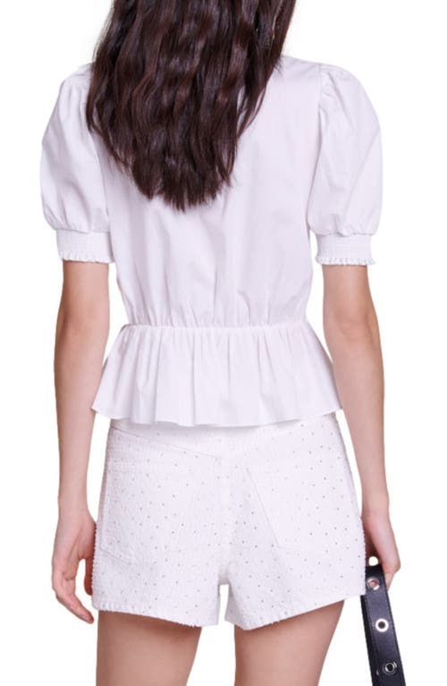 Shop Maje Cineta Smocked Puff Sleeve Button-up Top In White