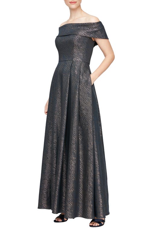 Alex Evenings Metallic Off the Shoulder Ballgown Navy Gold at Nordstrom,