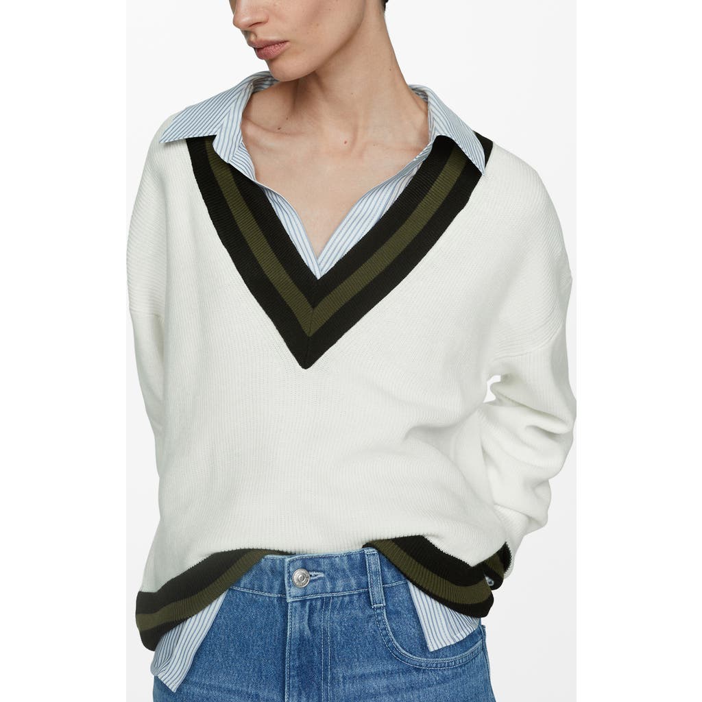 Mango College V-neck Sweater In White