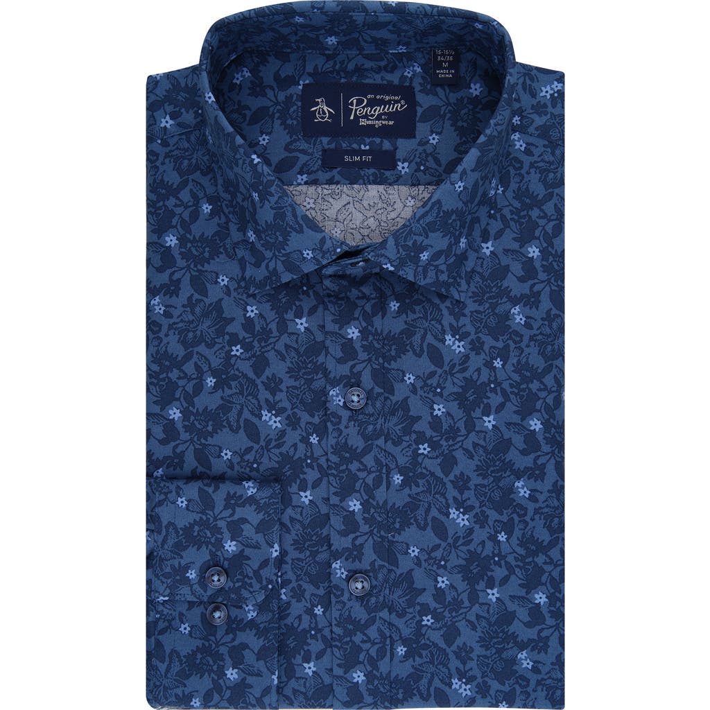 Original Penguin Night Floral Print Slim Fit Button-down Shirt In Blue