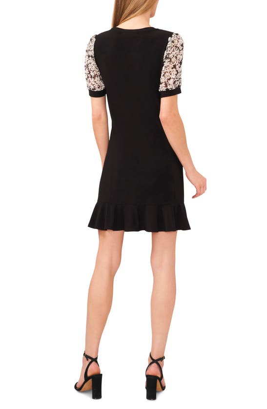 Shop Cece Floral Puff Sleeve Mixed Media Minidress In Rich Black