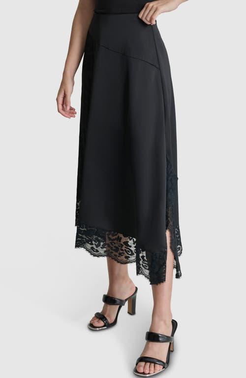 Shop Dkny Mixed Media Lace Trim Midi Skirt In Black/black