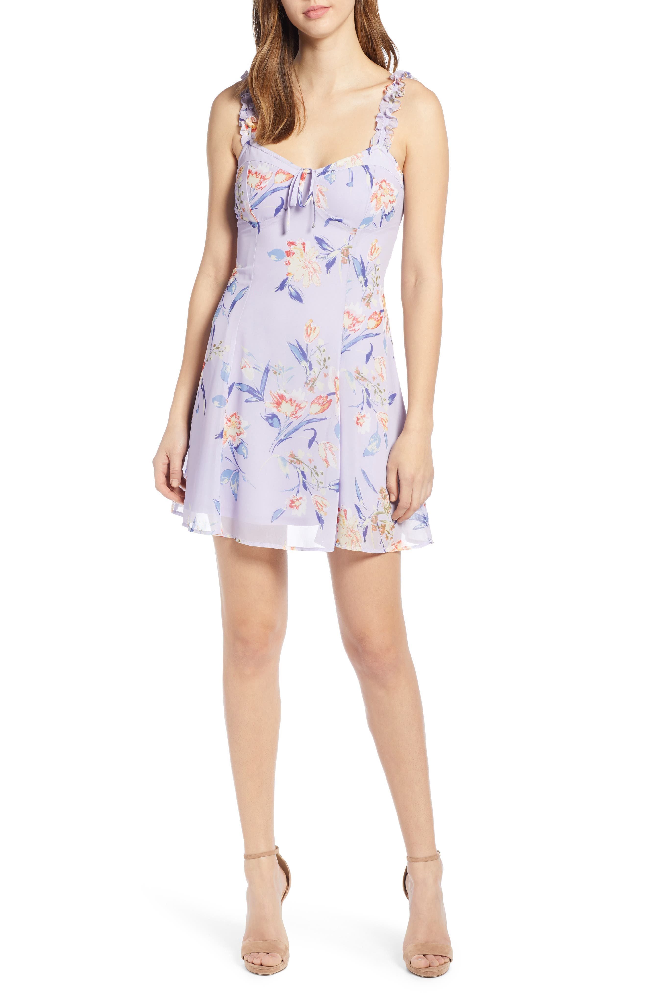 Leith Corset Floral Print Minidress, Purple