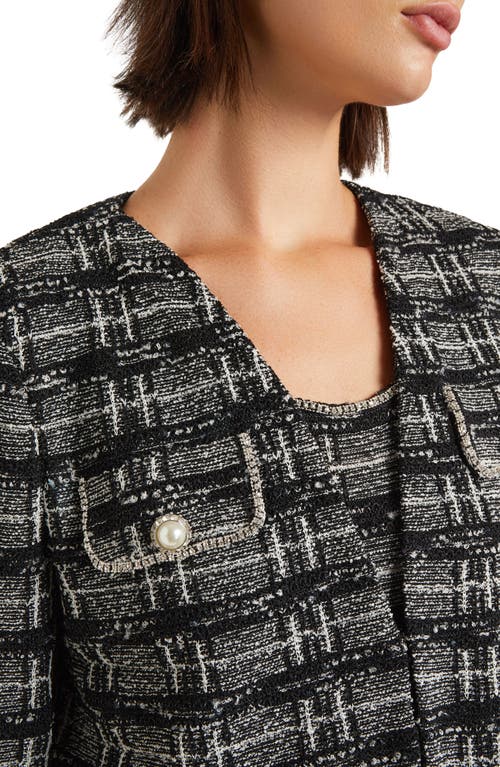 Shop Misook Rhinestone Accent Fringed Tweed Jacket In Black/new Ivory