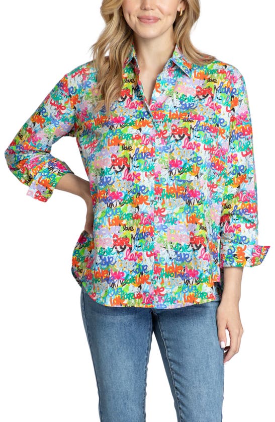 Apny Oversize Love Print Cotton Button-up Shirt In White Multi