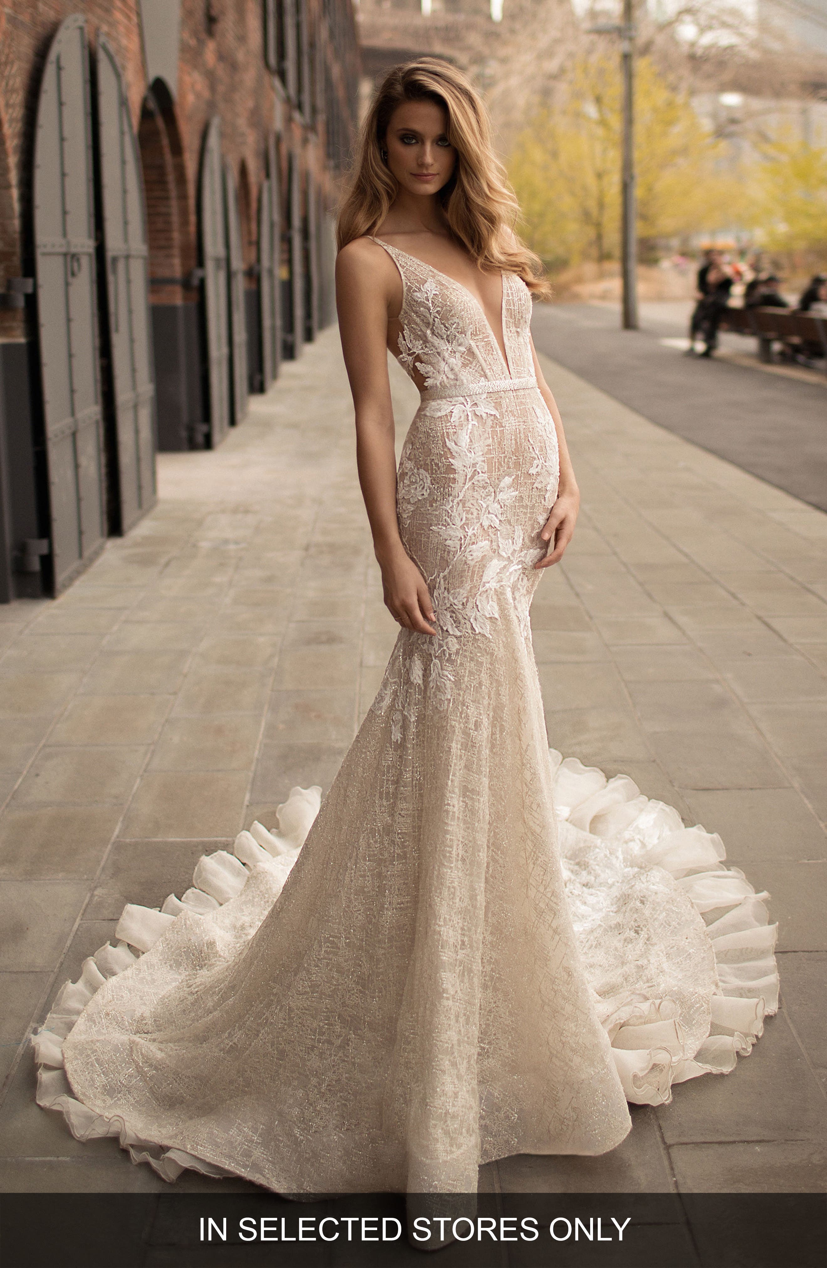 Berta Deep V-Neck Fit & Flare Gown, Ivory