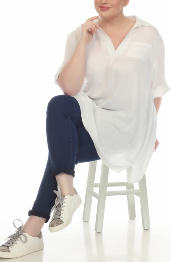 Boho Me Roll Sleeve Button-up Tunic Shirt In White