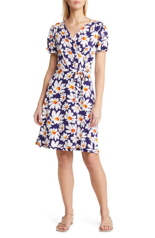 Loveappella Floral Faux Wrap Knit Dress In Blue