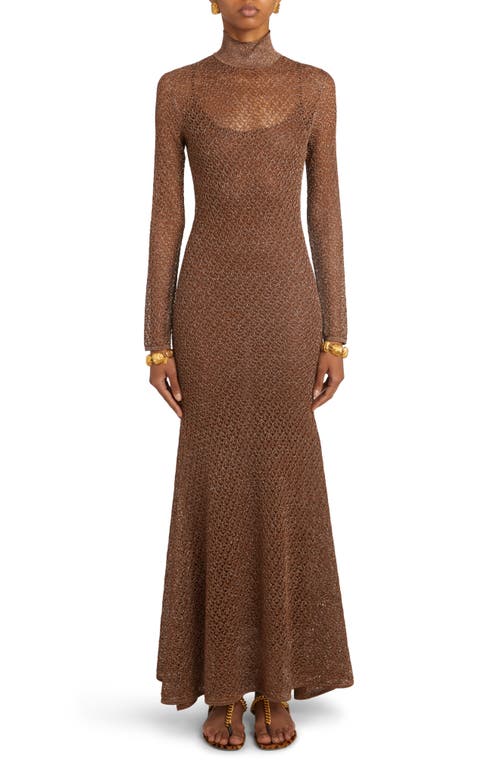 TOM FORD Long Sleeve Metallic Lace Turtleneck Maxi Dress Antique Bronze at Nordstrom,