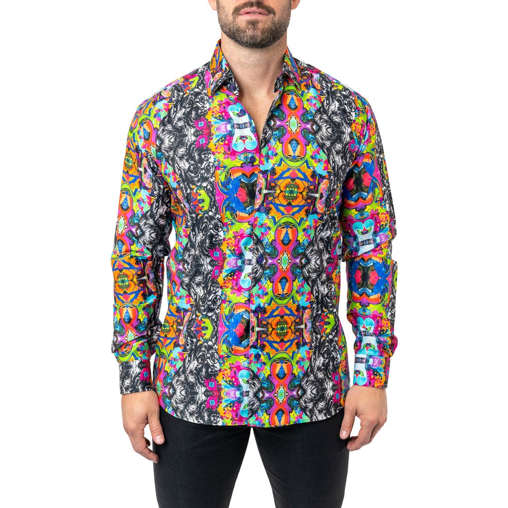 Maceoo Fibonacci Adid Dog Contemporary Fit Button-up Shirt In Black/blue/pink Multi