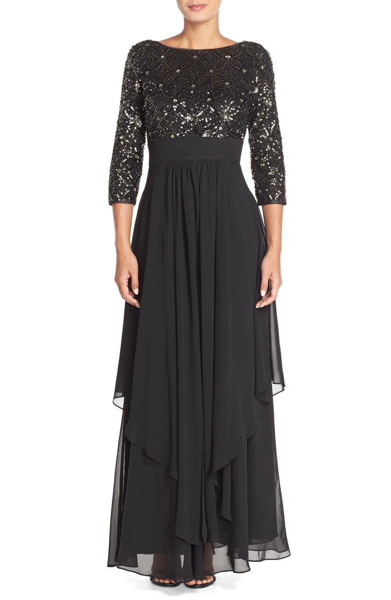 Eliza J Embellished Tiered Chiffon Fit & Flare Gown | Nordstrom