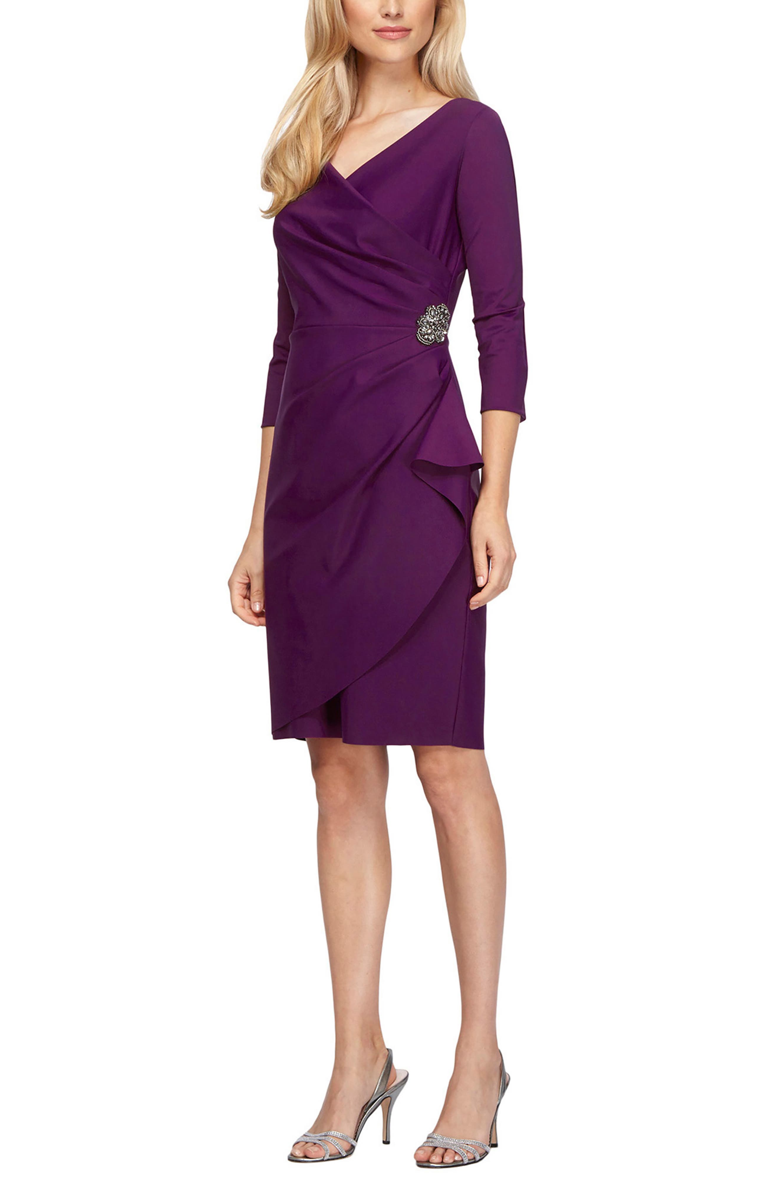 Alex Evenings Embellished Ruched Sheath Cocktail Dress in Summer Plum 
