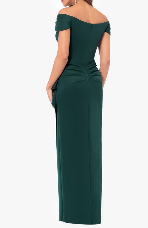 Shop Xscape Evenings Ruched Off The Shoulder Scuba Crepe Gown In Hunter