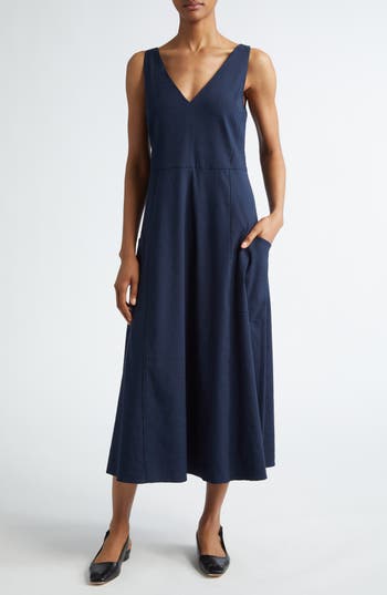 Vince Relaxed Sleeveless Linen Blend Midi Dress In Coastal Blue