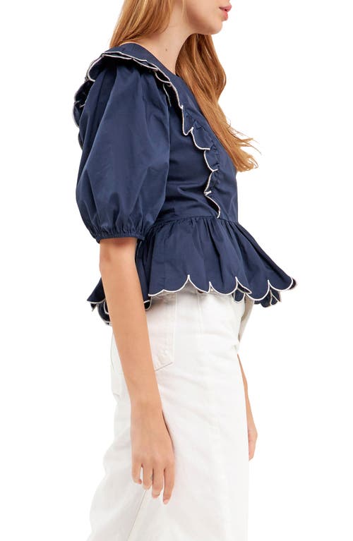 English Factory Contrast Scalloped Trim Cotton Top In Navy/white