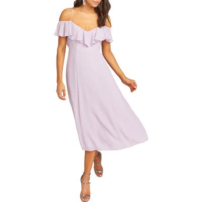 Show Me Your Mumu Camilla Ruffle Neck Tea Length Dress, Purple