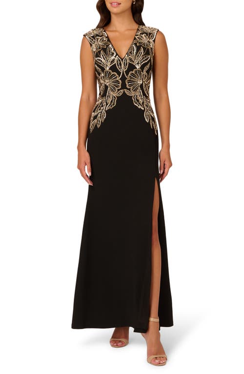 Shop Adrianna Papell Floral Bead Detail Sleeveless Crepe Mermaid Gown In Black