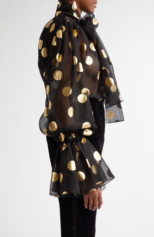 Shop Dolce & Gabbana Dolce&gabbana Polka Dot Bow Bell Sleeve Sheer Silk Top In Hnlm0 Oro Nero