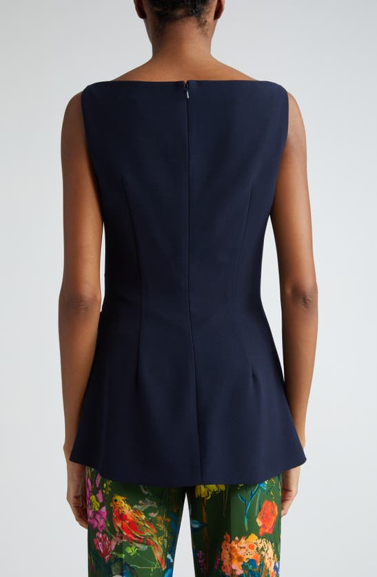 Shop Lela Rose Ruched Bateau Neck Stretch Crepe Top In Navy