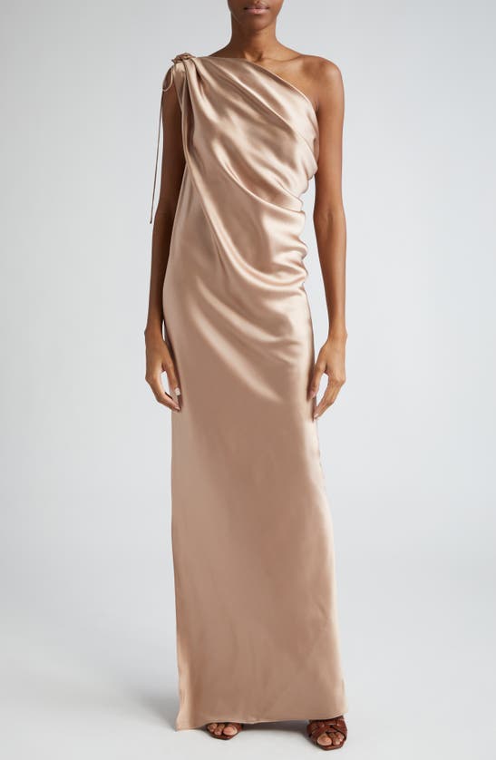 Shop Max Mara Opera Draped One-shoulder Silk Satin Gown In Bronze