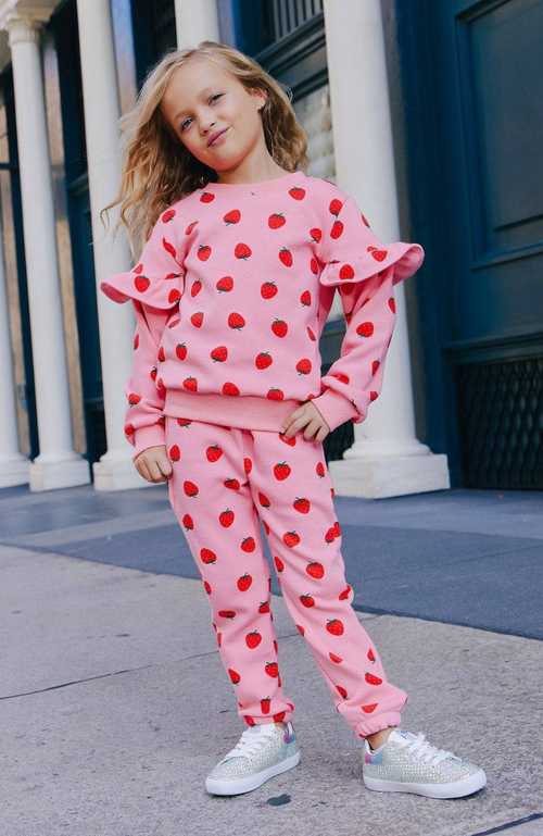 Shop Lola + The Boys Strawberry Ruffle Joggers Set In Pink