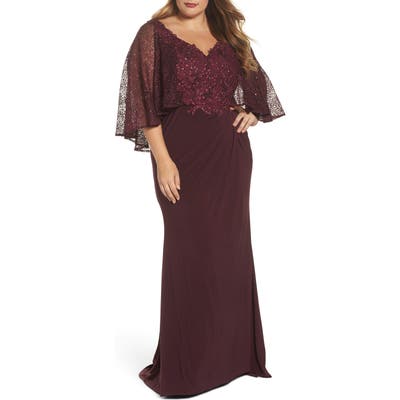 Plus Size MAC Duggal Lace Capelet Column Gown, Burgundy