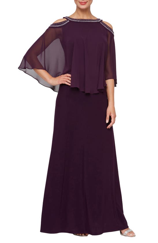 Alex Evenings Cold Shoulder Popover Dress In Eggplant