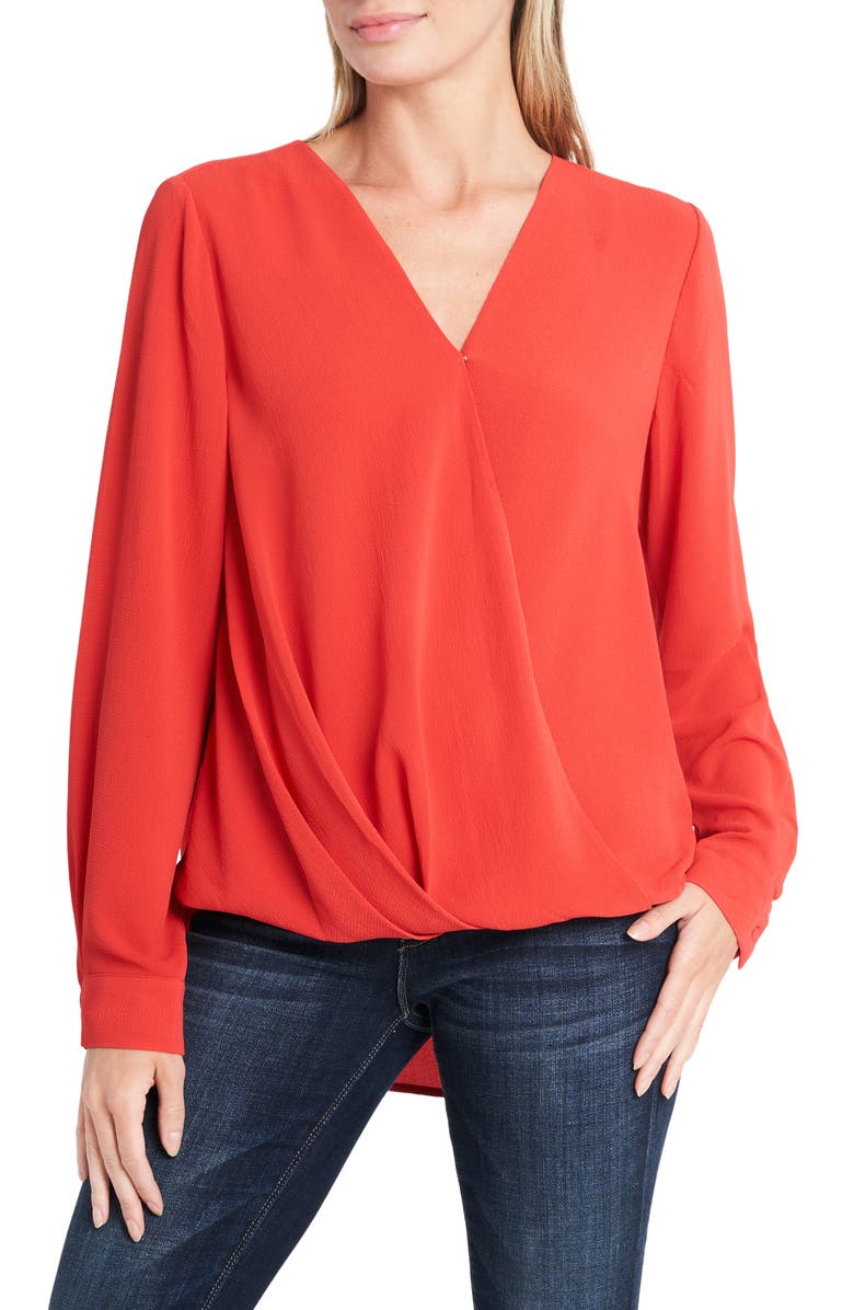 VINCE CAMUTO Long Sleeve Faux Wrap Blouse, Main, color, SPICED RED