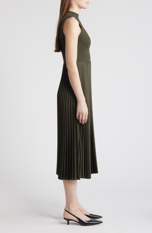 Shop Theory Pleated Sleeveless Mock Neck Midi Dress In Dark Olive