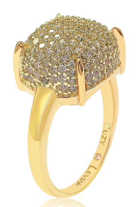 Yellow-Tone Sterling Silver Prong Set Cushion Shape Pave CZ Ring