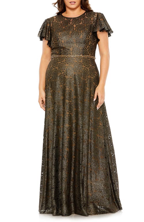 Flutter Sleeve Lace Overlay Gown in Black Gold