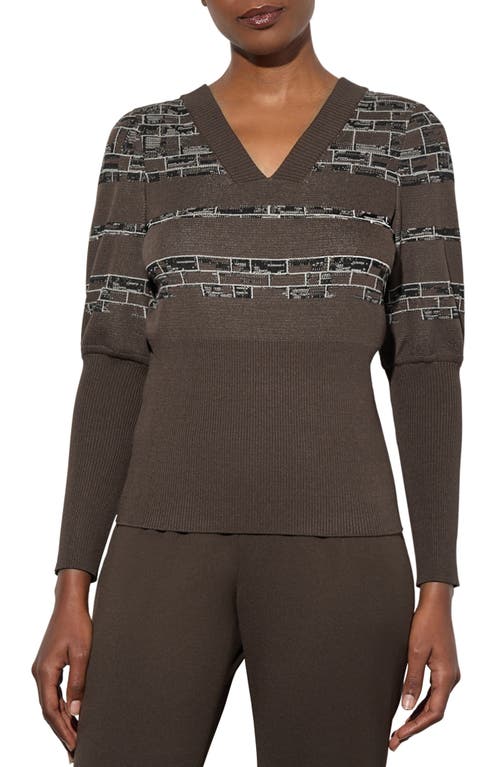 Shop Ming Wang Jacquard Rib Sweater In Dark Umber/limestone/black