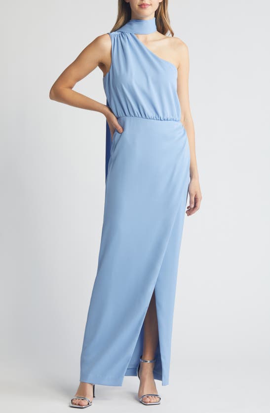 Shop Black Halo Fantasia Neck Scarf One-shoulder Column Gown In Blue Bliss