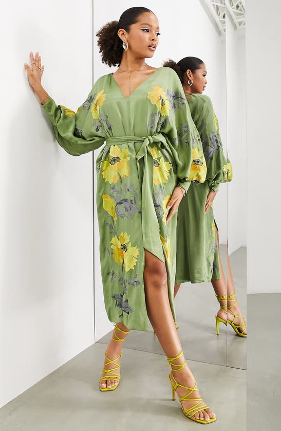 Asos Design Edition Floral Embroidery Long Sleeve Midi Dress In Green