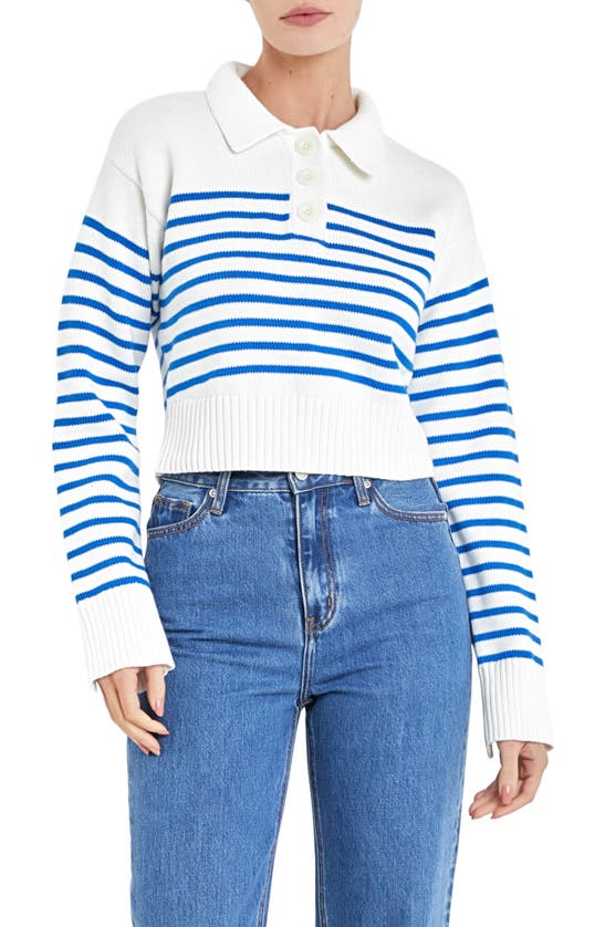 Shop English Factory Stripe Cotton Polo Sweater In White