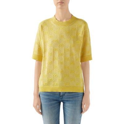Gucci Gg Logo Metallic Jacquard Wool Blend Sweater, Yellow