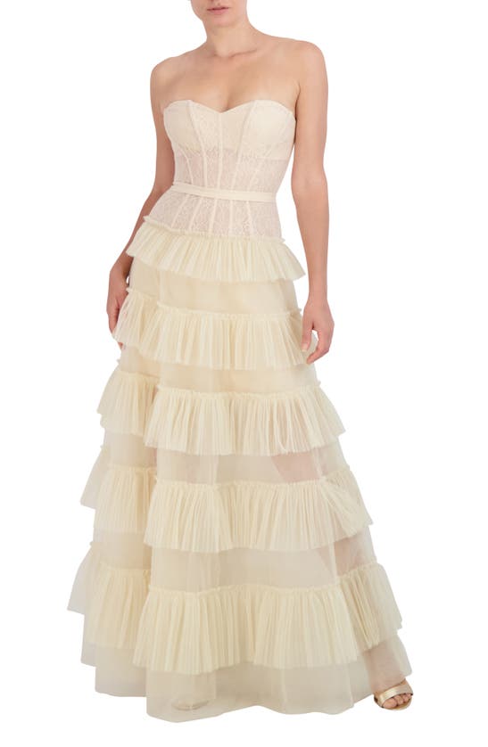 BCBGMAXAZRIA STRAPLESS CORSET TIERED MESH & LACE GOWN