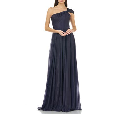 Carmen Marc Valvo Infusion One-Shoulder Pleated Gown, Purple