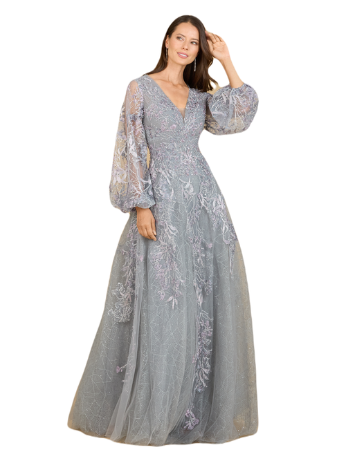 Shop Lara New York V Neckline Balloon Sleeve Gown In Dusk