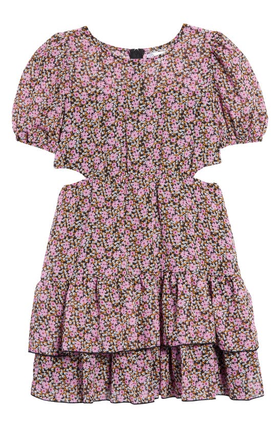 Love, Nickie Lew Kids' Floral Print Cutout Puff Sleeve Dress In Pink Lavender