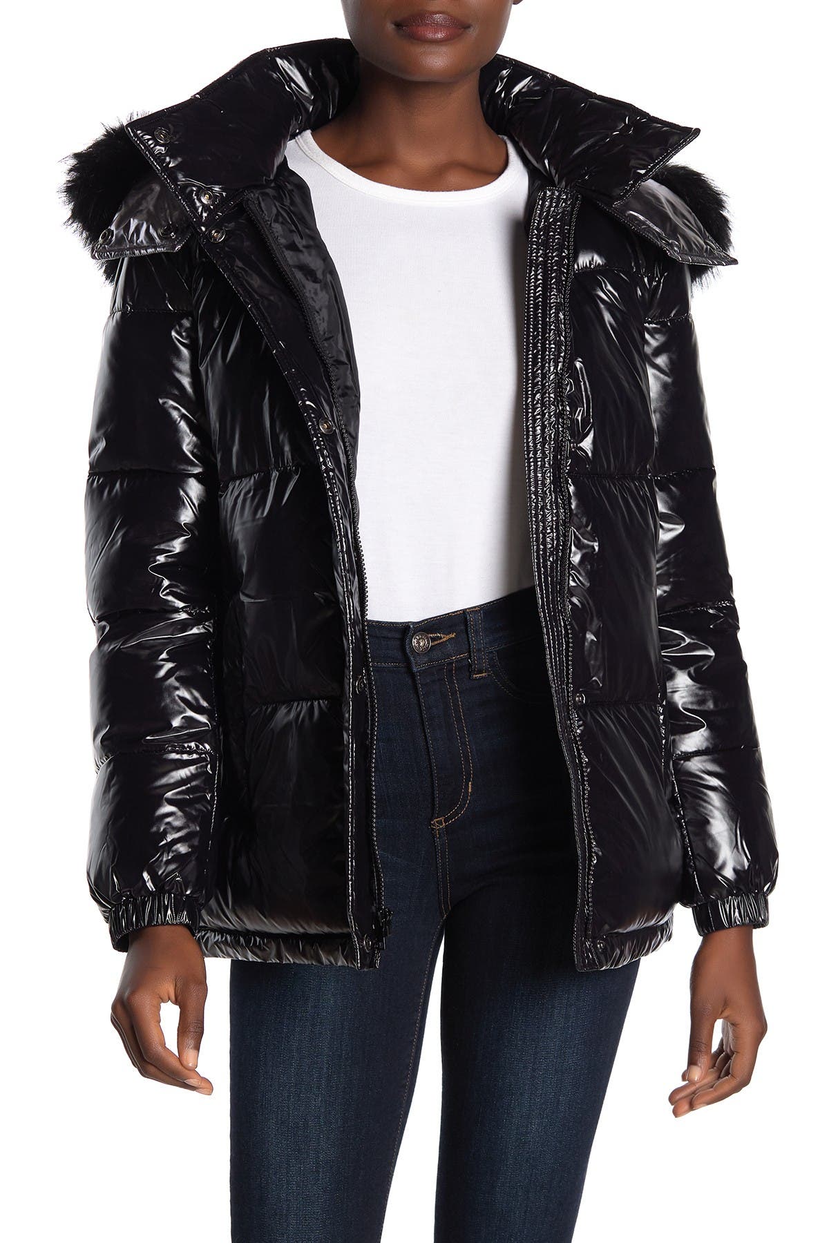 s13 kylie faux fur trim gloss puffer jacket