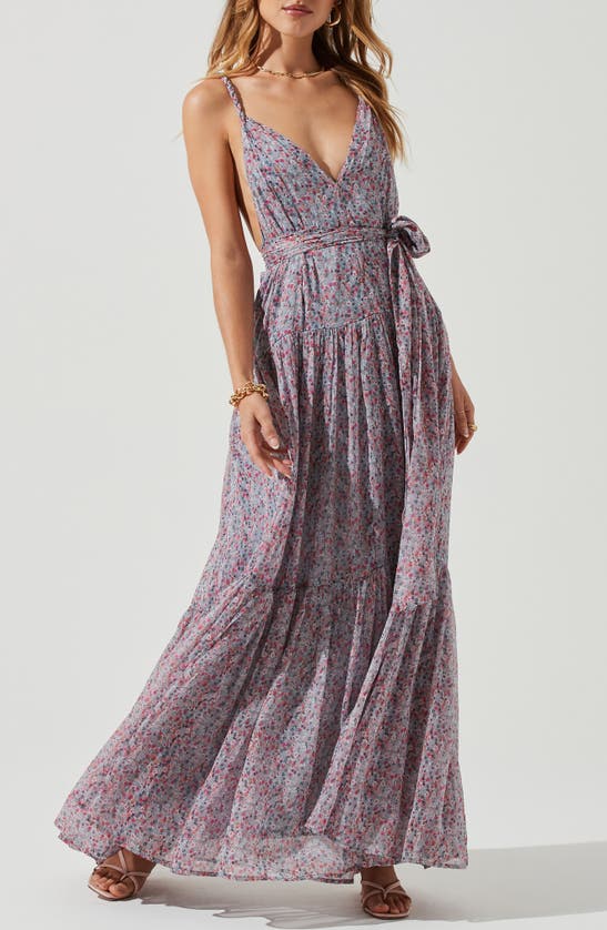 Astr Eartha Floral Tiered Maxi Dress In Blue Pink Multi Ditsy